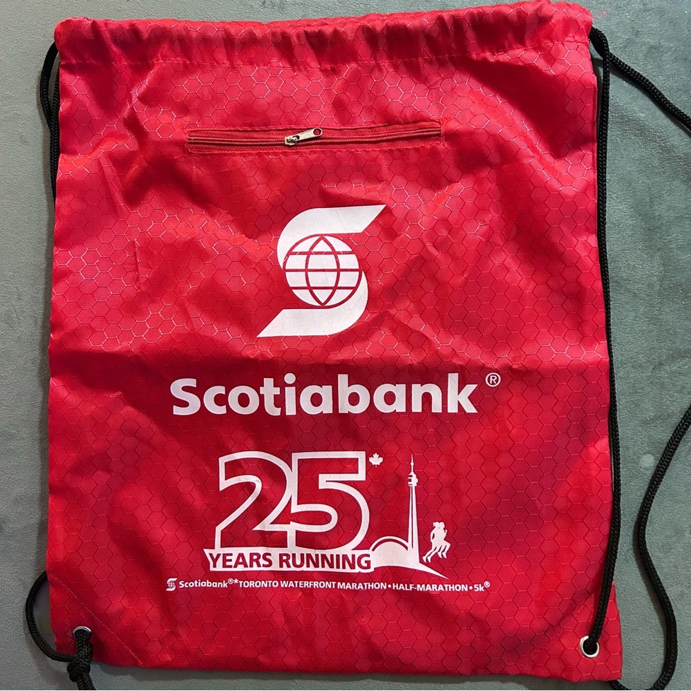 RED nylon drawstring cinch bag/backpack with SCOTIABANK logo